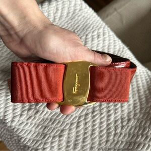 Salvatore Ferragamo Coral-Red Grosgrain Bow Belt with Gold Buckle